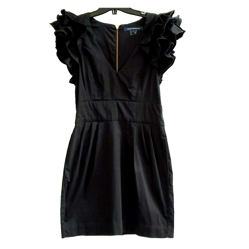 French Connection black dress with shoulder Ruffle
